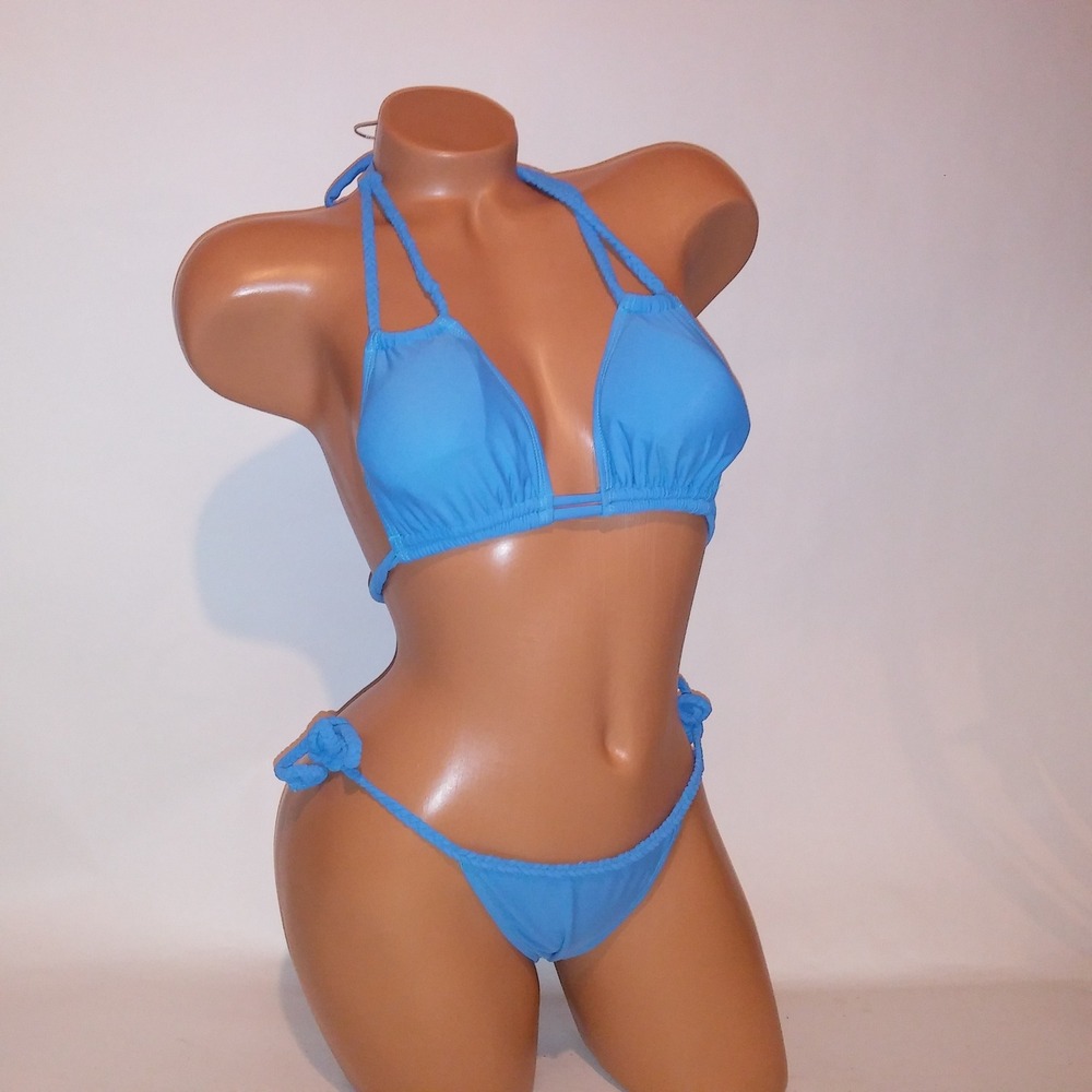 Swim Bikini Medium Top & Bottom Solid Blue String Thong Back Braided Straps